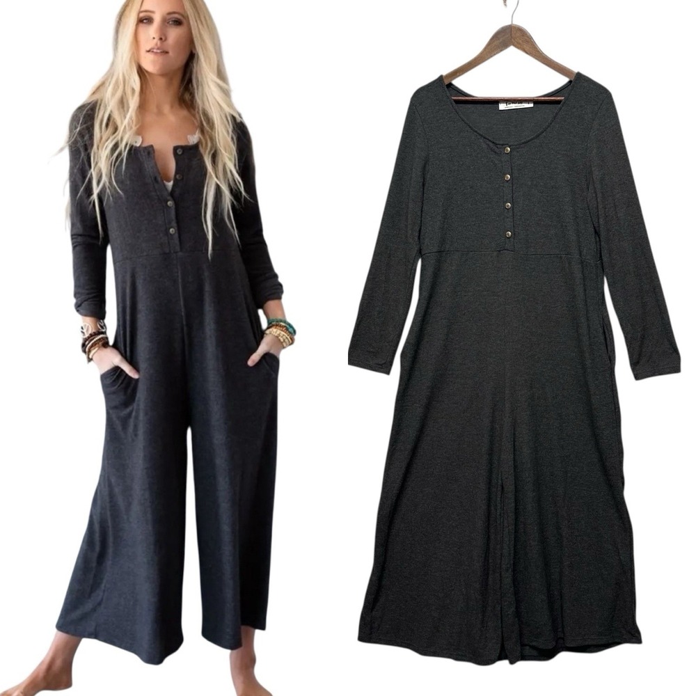 Three Bird Next Simply Comfort Jumpsuit Size L Knit Wide Leg Lagenlook Pockets